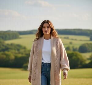 Vintage Connie A Lee Coat Womens S M Beige Angora Blend Beaded Lace Soft Fuzzy